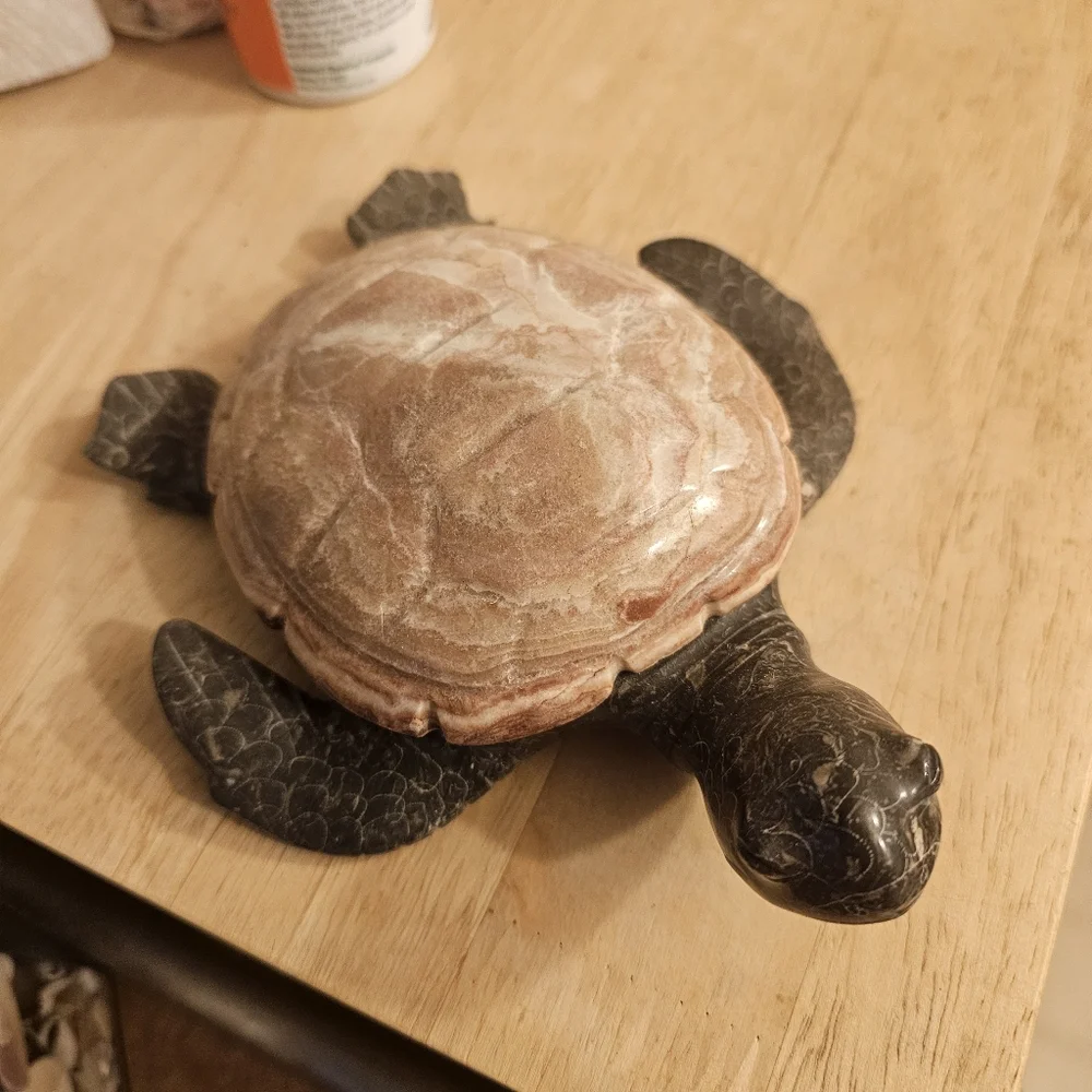 Hand Carved Marble Stone Sea Turtle Tortoise trinket box Seashore Ocean Decor - Picture 2 of 4